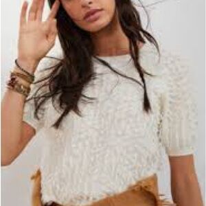 Anthropologie Ivory Textured Short Sleeve Sweater cropped